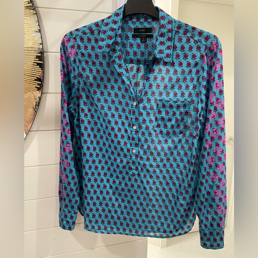 J crew popover block print blue and pink top long sleeve  S